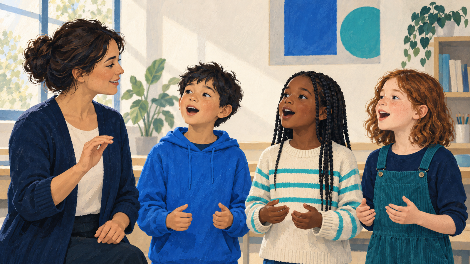 Ilustración de un docente que escucha y marca el pulso mientras tres escolares cantan juntos una misma frase en un aula.