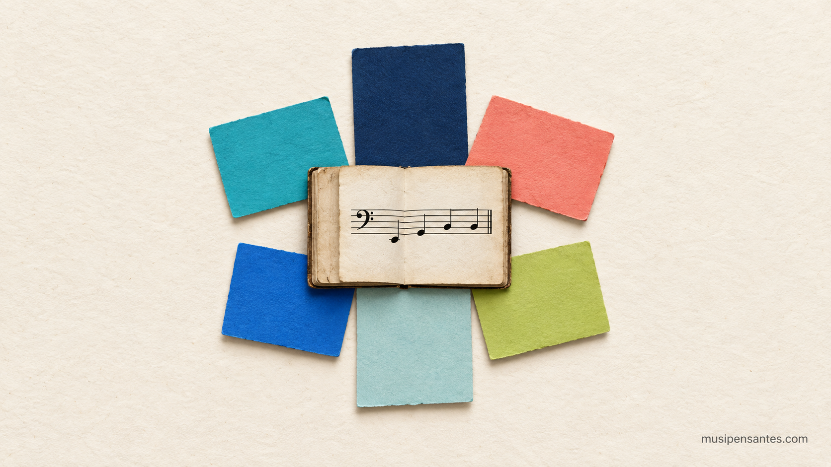 Un cuaderno abierto con un fragmento musical y una clave de fa, rodeado por seis elementos de color que representan seis generaciones vinculadas por una misma práctica musical.