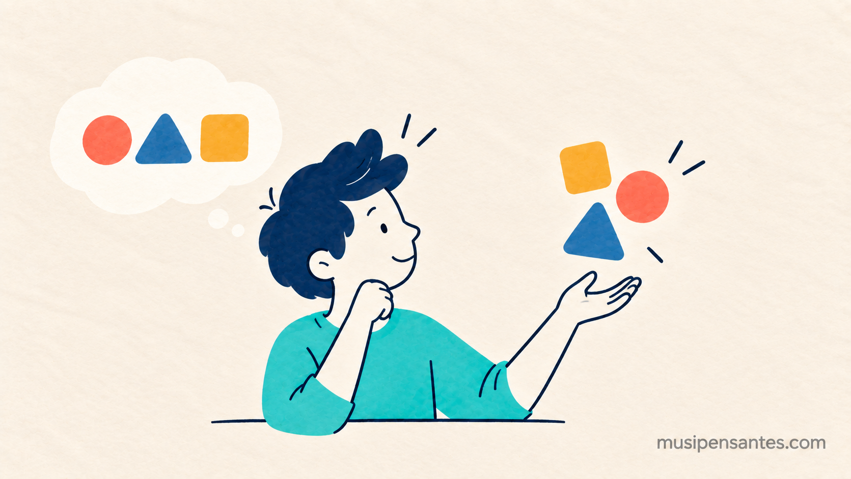 Estudiante que recuerda un motivo visual de tres formas de color y lo reorganiza en una nueva disposición
