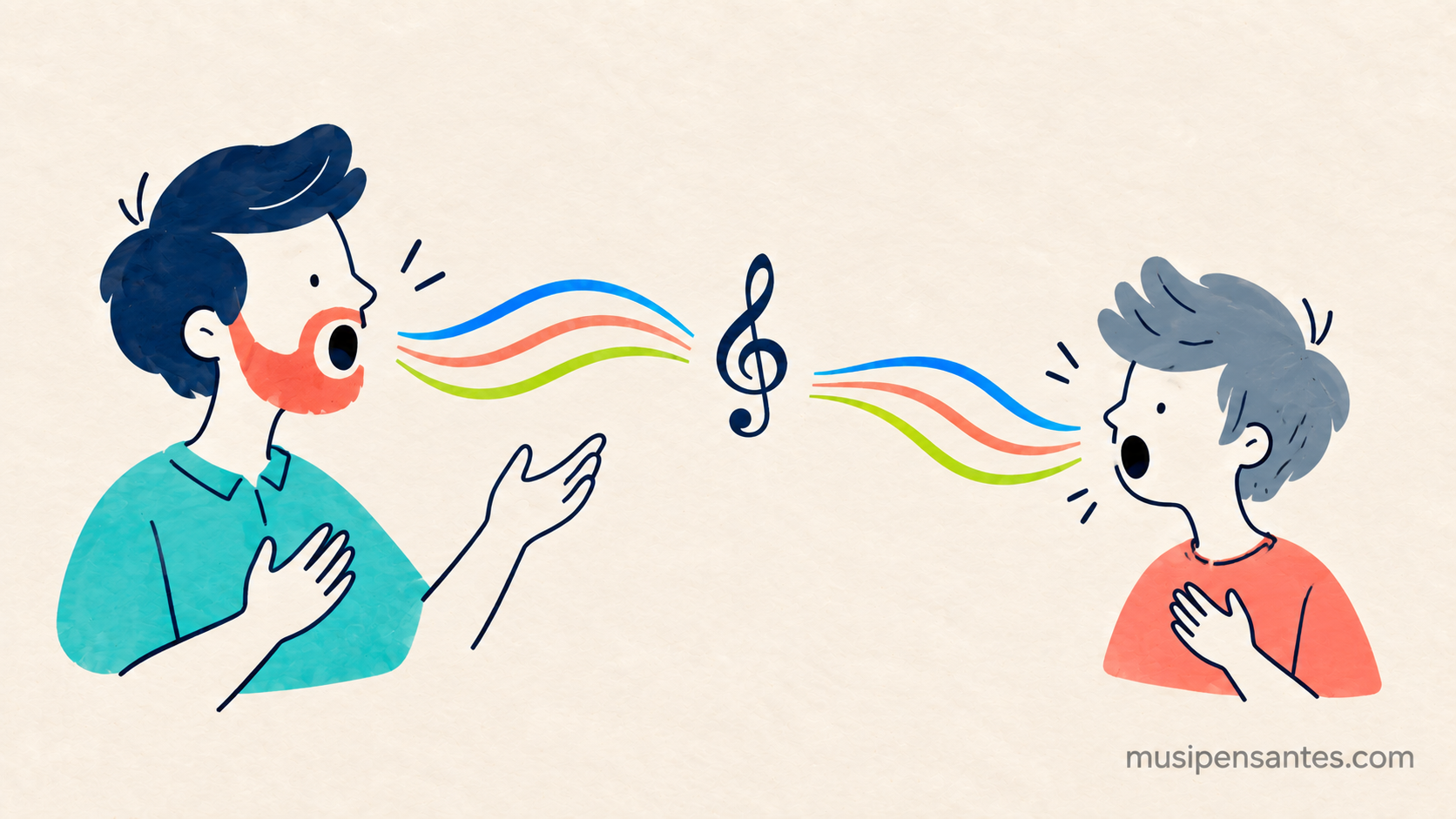 Un maestro canta una breve frase musical y un aprendiz la escucha y la repite, como representación conceptual de la transmisión oral.