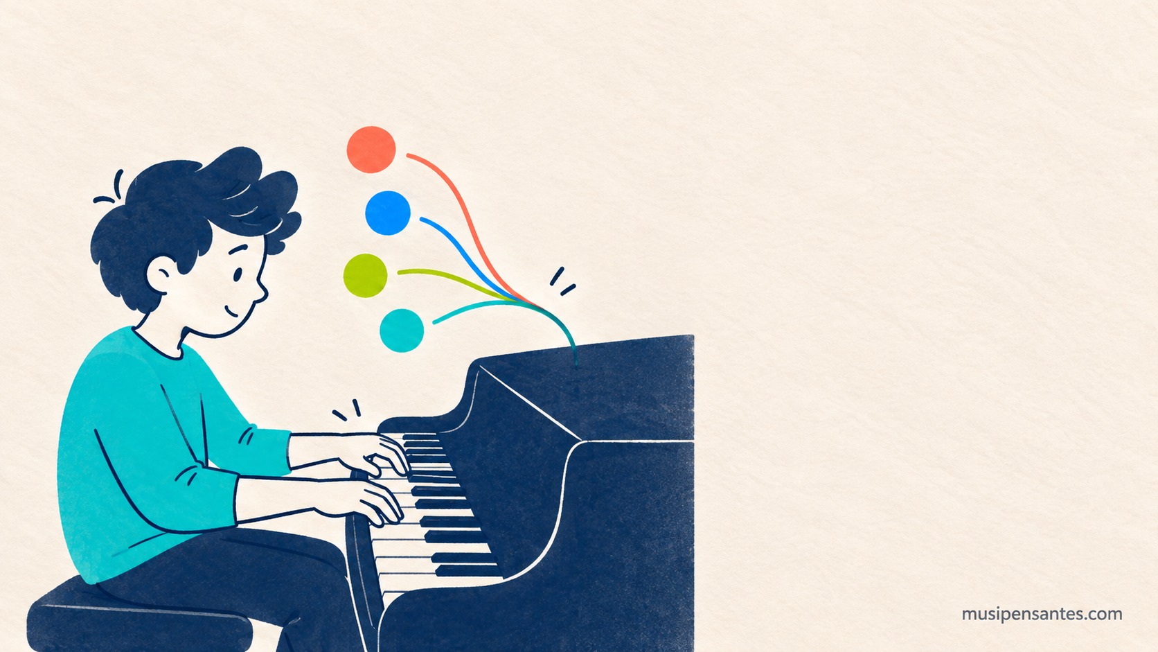Un estudiante toca el piano mientras cuatro elementos de colores convergen suavemente sobre el instrumento; la imagen representa el esfuerzo de coordinar demandas musicales.