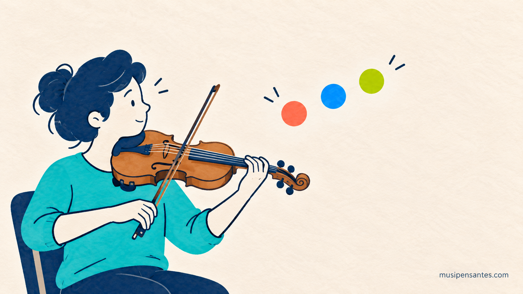 Una estudiante toca el violín mientras mira hacia tres elementos de colores que se proyectan suavemente hacia adelante; la imagen representa anticipar información durante la interpretación.
